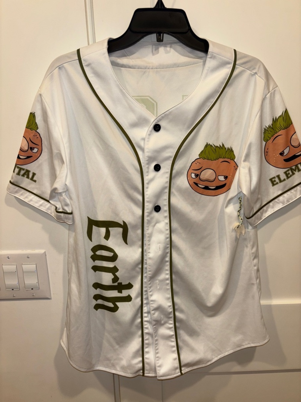 Earth White and Olive Green Kids Baseball Jersey with Character Graphics